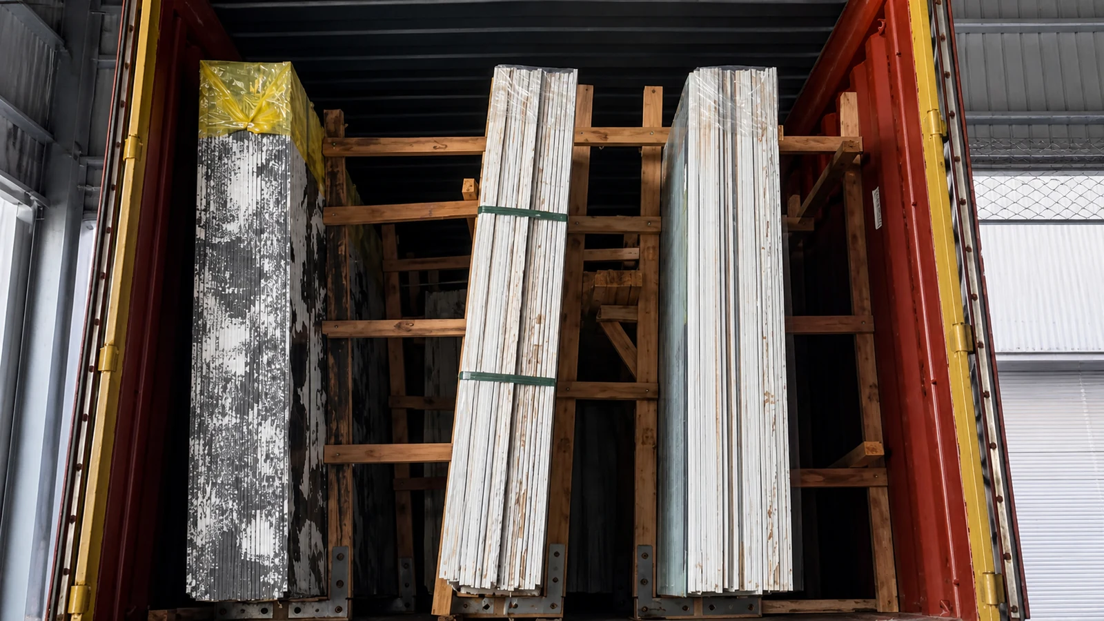 Sintered stone slabs secured in a shipping container with timber supports