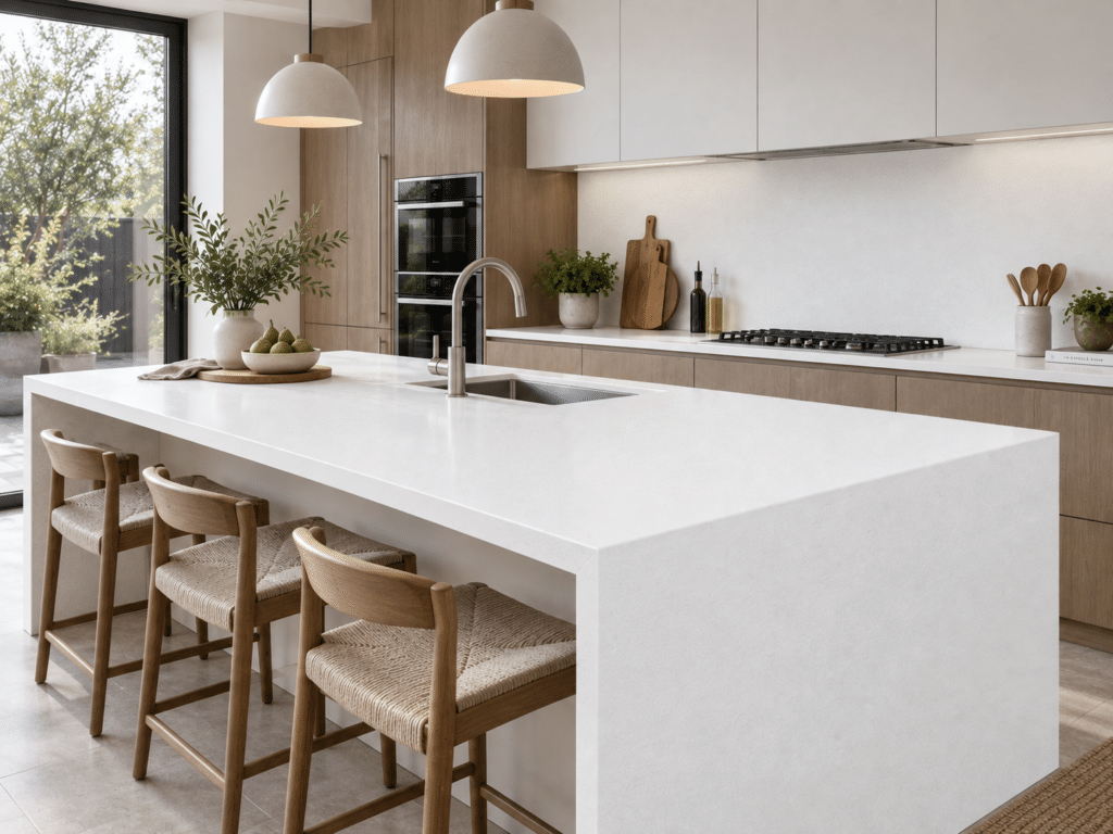 Bright Moon White artificial stone kitchen countertop project