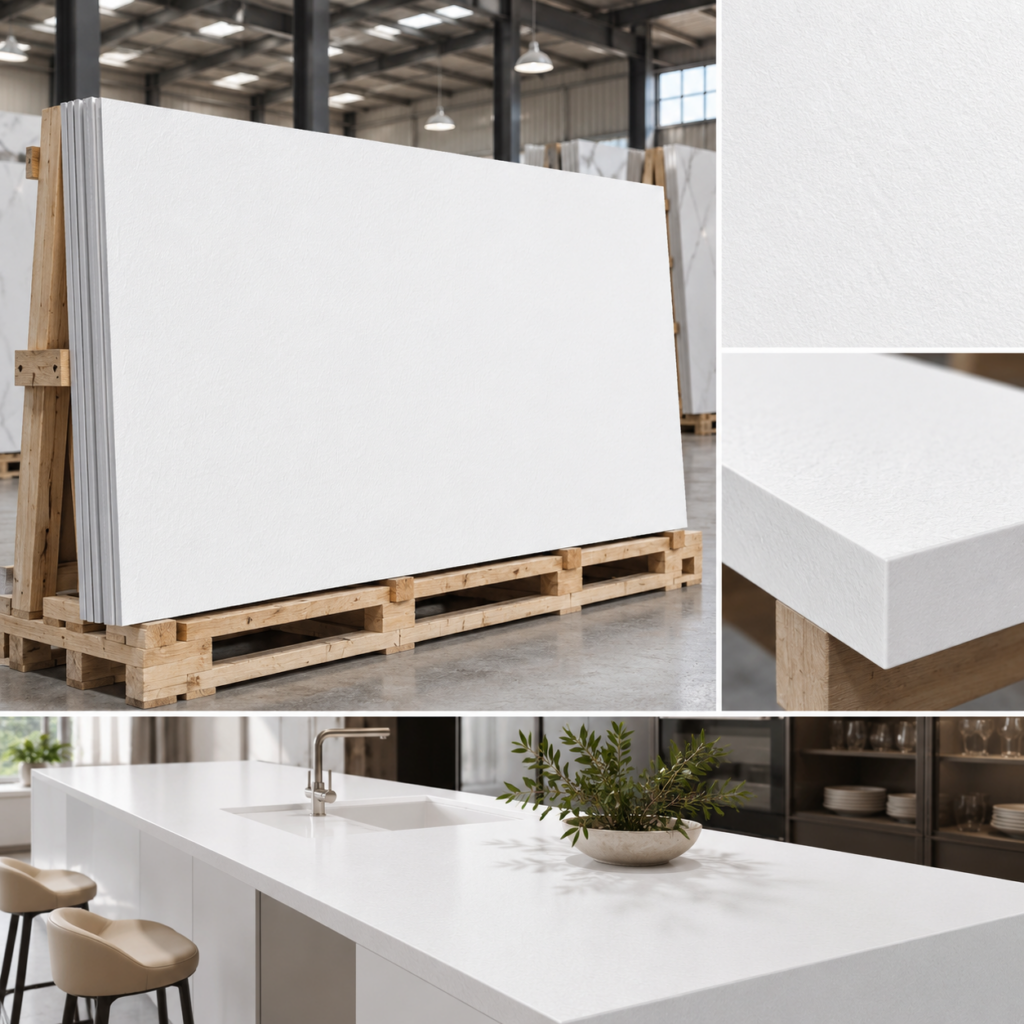Bright Moon White sintered stone slab surface and application details