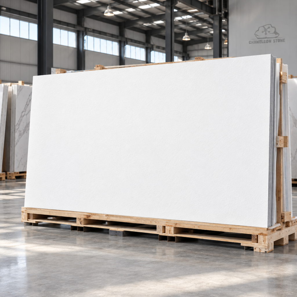 Bright Moon White sintered stone slab in warehouse