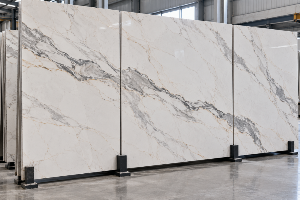 Marble look sintered stone with continuous vein direction