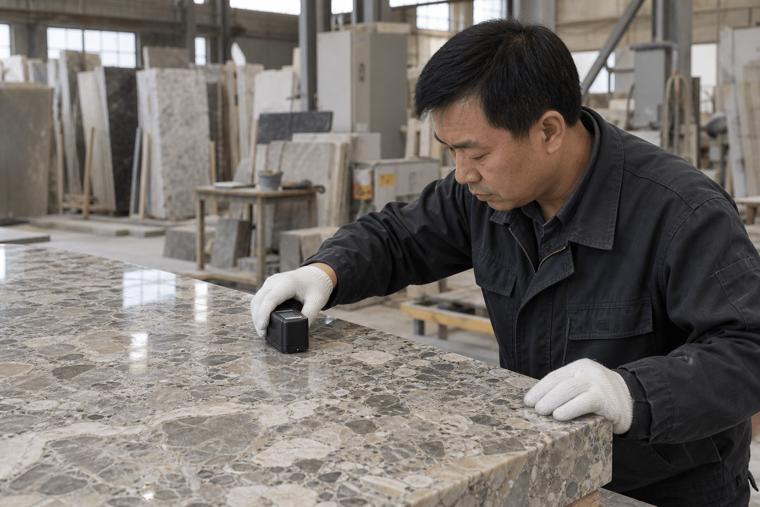 Chinese stone inspector using a gloss meter — illustrative image